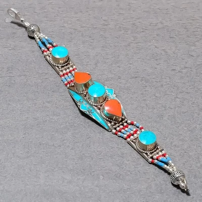 Ювелирный браслет ручной работы из тибетской бирюзы красного коралла богемный непальский 7 дюймов SR 3362 - Изображение 1 из 4