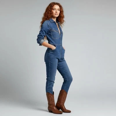 FREE PEOPLE Small Lennox Jumpsuit Long Sleeve Zip Front Blue Denim Stretch - Image 1 of 4