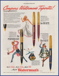 Vintage 1946 WATERMAN'S Taperite Pens Ink Writing Ephemera 40's Print Ad - Picture 1 of 1