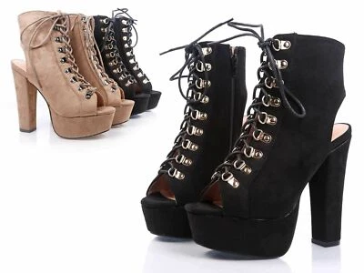 Black Color Lace Up Slingback Peep Toe Womens 5.5” Chunky Block Heels Size 9 - Image 1 of 4