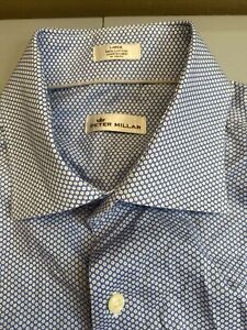 Peter Millar Large BLUE GEOMETRIC Casual Long Sleeve Button Front  Mens