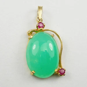 Genuine 750 18CT 18k Yellow Gold Australian Chrysoprase & Ruby Gemstone Pendant - Picture 1 of 12