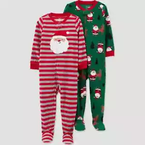 Just One You by Carter's 2 Fleece Sleepers- Green With Santa and Reindeer Footed - Picture 1 of 1