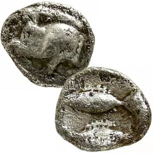 BOAR/2 Fish. Mysia, Kyzikos 450 BC Tiny Early Ancient Greek Silver Hemiobol Coin - Picture 1 of 4