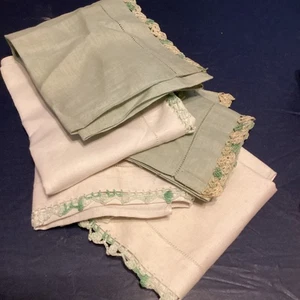 Vintage White&Green Cotton Color Crochet Edges Hankies Handkerchiefs Lot Of 5 - Picture 1 of 2