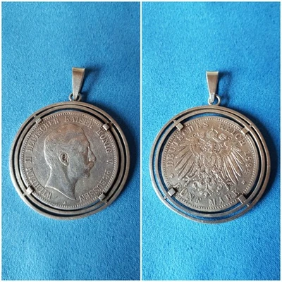 5 Mark - Deutsches Reich 1894 A - Wilhelm II - Kaiser - Silber Münze  gefasst  - Bild 1 von 3