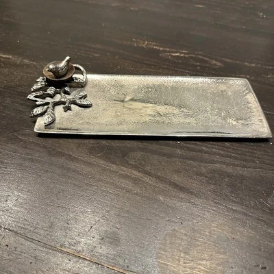 Mud Pie Silver Tone Metal Serving Tray w/Branch, Bird On Nest~11x4.75” - Image 1 of 4