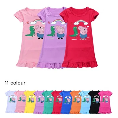 Cute Peppa Pig Kids Girls Ruffle Hem Dress Pajamas Cartoon Print Toddler Outfit - Image 1 of 4