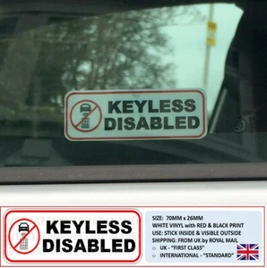 4 x "KEYLESS DISABLED" WINDOW STICKERS KEYFOB KEY SCAN RELAY THEFT GHOST - Picture 1 of 6