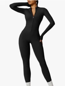 Plus Women's Yoga Jumpsuits Long Sleeve Bodycon Black Colour Stretchy Size XL - Picture 1 of 5