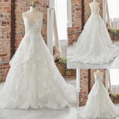 Elegant Ruffles Wedding Dresses Lace Applique V-neck Sweep Train Bridal Gowns  - Image 1 of 4