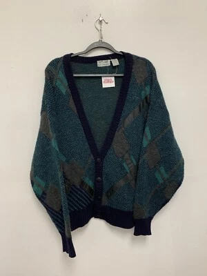 City Streets Geometric Cardigan Sweater Blue Gray W/ Faux Leather Accents  SZ L — 第 1/4 张图片