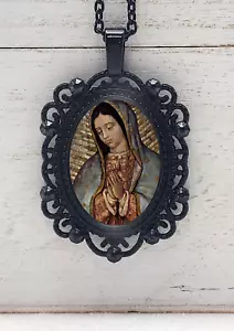 Nuestra Señora Virgen de La Guadalupe Medalla Negro Colgante Foto Collar Regalo - Imagen 1 de 3
