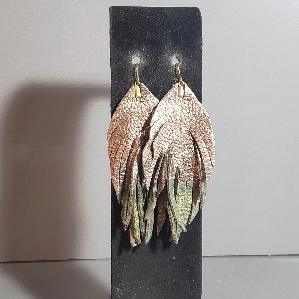 Leather Dangle Earrings Gray Retro Mid Century Modernist Boho Pierce 4" - Image 1 of 4