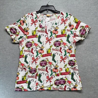 Dr Seuss Women Scrub Top Medium White Christmas Definitely Naughty Pockets - Image 1 of 4