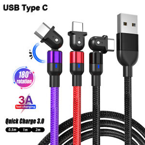 180° Rotate USB C Cable LED Type C 3A Fast Charging Data For Samsung S20 HUAWEI