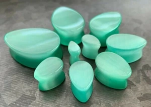 PAIR Sea Foam Green Cat Eye Stone Teardrop Plugs Double Flare Tear Drop Gauges - Picture 1 of 6