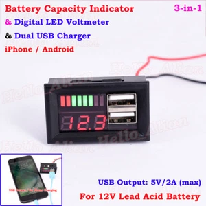 LED 12V Lead Acid Battery BMS Capacity Indicator Voltage Meter Dual USB Charger - Picture 1 of 6