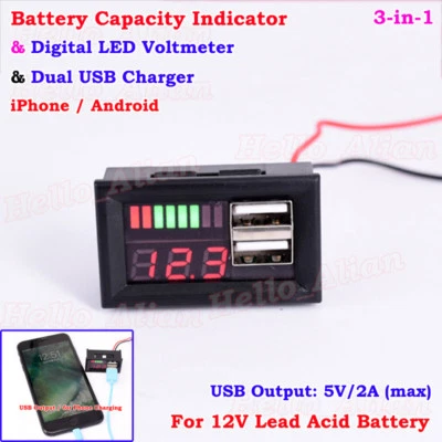 HELLO_ALIAN LED 12V Lead Acid Battery BMS Capacity Indicator Voltage Meter Dual USB Charger