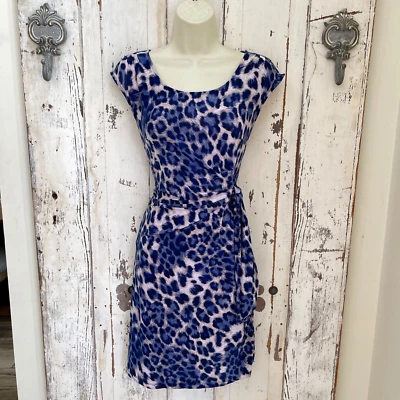 INC Sz PS SP Petite Small Woman's Blue Beige White Sheath Waist Tie Career Dress - Image 1 of 4