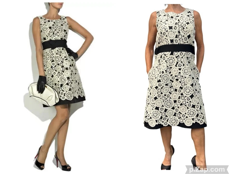 Vestido recto LELA ROSE negro seda satinado blanco ganchillo encaje sin mangas 10 $1186 Foto 1 de 4