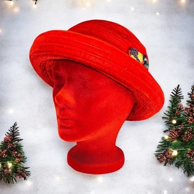 Red Velour Derby Hat Floral accent One Size Women's Winter accessory - Image 1 of 4