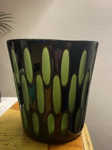 Mid Century Handblown Venetian Art Glass Carved Black /Green Pot, EUC, Stunning - Picture 1 of 5