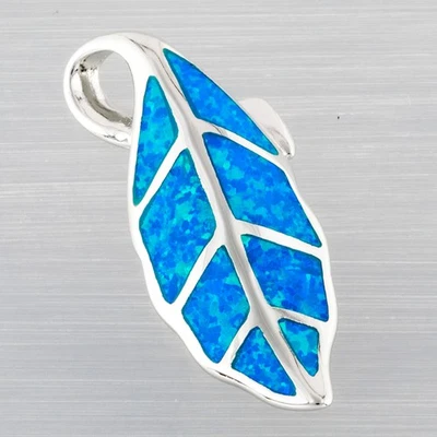 Nature Leaf Ocean Blue Fire Opal Silver Jewelry Necklace Pendant - Image 1 of 4