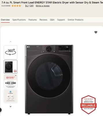 NOVO LG 7,4 pés cúbicos Secador elétrico ENERGY STAR Smart Front Load captador local - Imagem 1 de 2