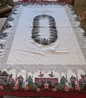 Christmas Houses Red Green Tablecloth  67x57” - Image 1 of 4