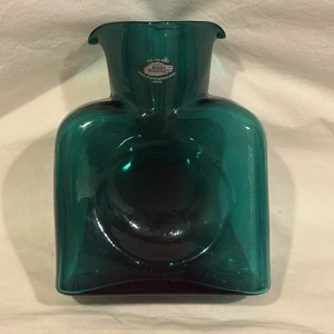 Blenko Water Pitcher Bottle Double Spout Teal Green Handcrafted USA With Sticker - Picture 1 of 7