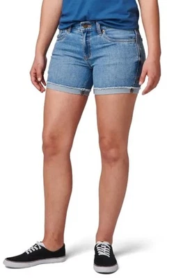 Shorts jeans feminino 5.11 tático 14 lavagem leve azul Petra 4.5” borda crua - Imagem 1 de 4