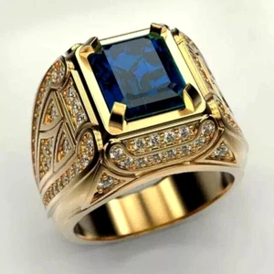 3CT Emerald Cut Lab Created Sapphire Men's Cluster Ring 14K Yellow Gold Plated - Picture 1 of 4