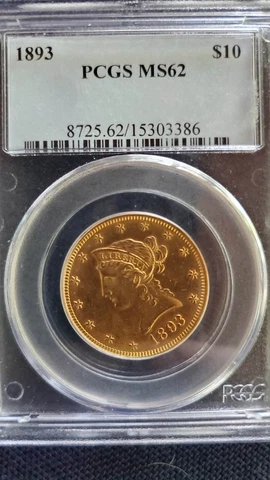 1893 $10 Gold Liberty Head MS62 PCGS Cover