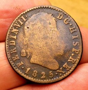 1825 Spanish 8 Maravedis King Ferdinand VII Copper Coin - Picture 1 of 2