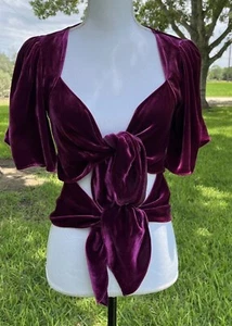 Zara Woman Burgundy Tie Crop Top V-Neck Two Ties Size Small Silk Velvet Purple - Picture 1 of 17
