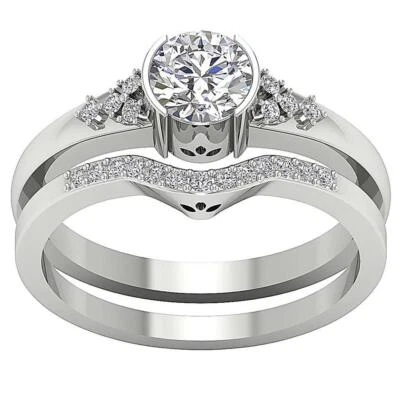 Halo Bridal Engagement Ring Set VS1 F 1.00 Ct Lab Grown Diamond 14k White Gold - Image 1 of 4