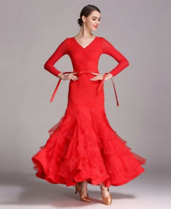 Adult V-Neck Slim Fit Waltz Ballroom Modern Tango Dance Dress Long Dress