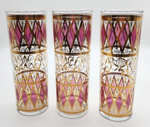 Juego de 3 gafas Collins Highball modernas de mediados de siglo de colección diamantes rosas oro - Imagen 1 de 7