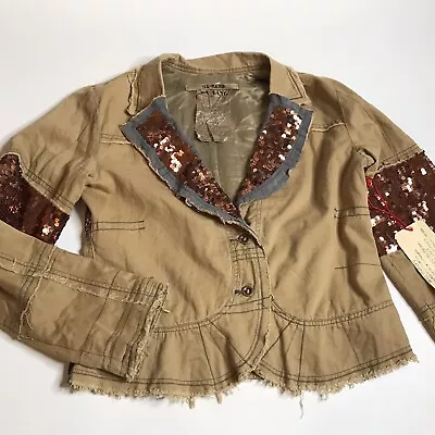 Da-Nang Surplus Womens M Khaki Tan Raw Edge Sequin Button Blazer Jacket NWT - Image 1 of 4