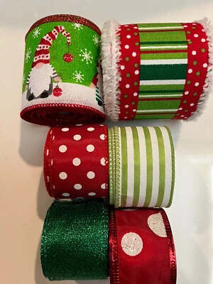 Lot 6 Wired Ribbon 4 Yds Ea Christmas Gnomes Stripes Polka Dots 2.5 & 1.5” New G - Image 1 of 4