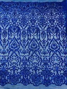 Damask Fancy Pattern Fabric - Royal Blue 4 Way Stretch Sequins Design By Yard - Picture 1 of 4
