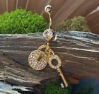 Gold Lock & Key CZ CLEAR Gem Belly Ring Navel Piercing Pierced Naval Jewelry