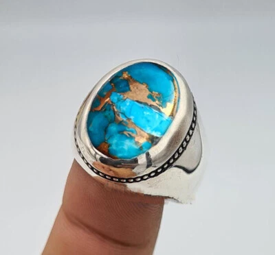 Solid 925 Sterling Silver Natural Blue Copper Turquoise Gemstone Men's Gift Ring - Image 1 of 4