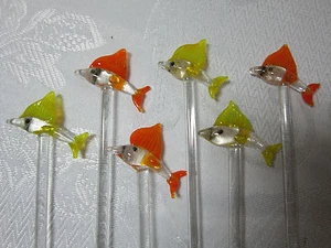 Handmade Glass Swizzle Stick Set of 6 Stir Sticks Orange & Yellow Fish Sea Life - Picture 1 of 8