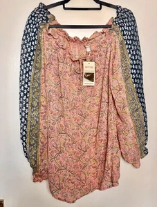 MONSOON Artisan pink Blue Hand Screen Printed Floral Top Size L UK 16 18 New - Picture 1 of 7