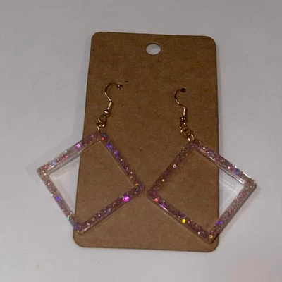 Handmade epoxy resin square dangle earrings - light pink holographic glitter - Image 1 of 4