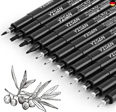 YISAN 12 Fineliner Stifte Set, Schwarz Filzstiften,Tuschestift Pigment Liner