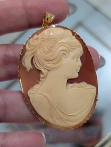 Large Vintage Carnelian Shell Cameo Pendant 14K Gold - Picture 1 of 8