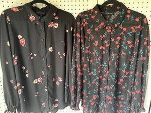 Set/2 Lane Bryant langes SLV transparentes Button-Down-Hemd Bluse schwarz geblümt Größe 14/16 - Bild 1 von 7